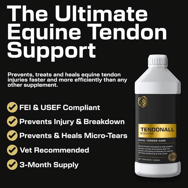 A high-contrast, text-heavy ad creative featuring a 3-month supply of horse tendon supplement with a bulleted list of certifications and benefits.